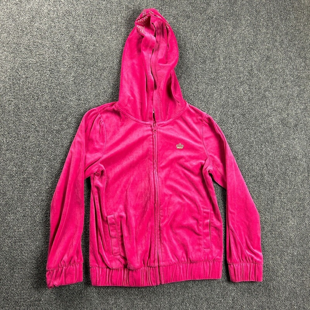 Juicy Couture Hoodie Girls Medium‎ 10/12 Pink Full Zip Velour Casual Distressed